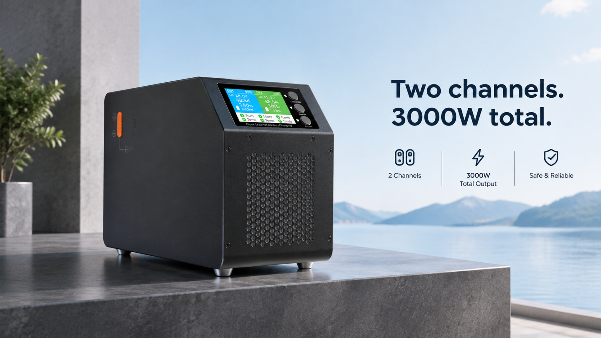 TA3000 dual-channel output — two independently programmable 3000W channels, 20–60V / 5–50A, for 6S–14S battery packs